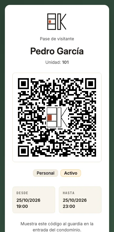 Página que ve el invitado en su celular: nombre, unidad, código QR y vigencia del pase